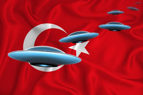 飘扬的土耳其国旗 Ufo小组在旗帜的后面 Ufo新闻在国内的概念 3D渲染 — 图库照片