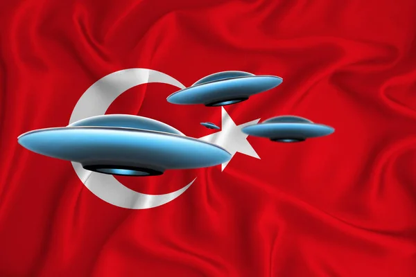 Zwaaiende Vlag Van Turkije Ufo Groep Achtergrond Van Vlag Ufo — Stockfoto