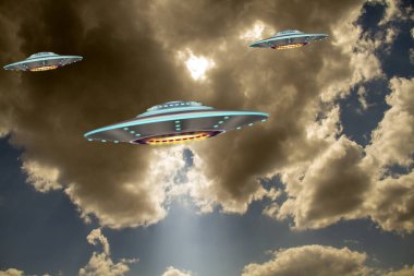 Metal ve gümüş UFO 'lar Dünya' yı istila etti. Bir grup uzay gemisi gökyüzünde uçuyor. 3B görüntüleme