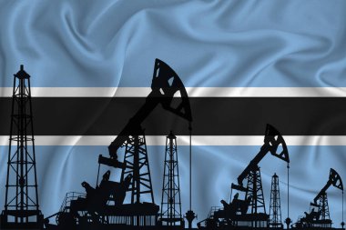 Botswana 'nın Bayraklarını Geliştiriyorum. Bayrak arka planında sondaj kulesi ve petrol kulesi silueti. Petrol ve gaz endüstrisi. Petrol alanları, gaz ve petrol şirketleri kavramı. 3B görüntüleme.