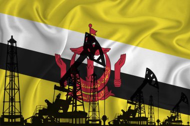 Brunei 'nin Bayraklarını Geliştiriyorum. Bayrak arka planında sondaj kulesi ve petrol kulesi silueti. Petrol ve gaz endüstrisi. Petrol alanları, gaz ve petrol şirketleri kavramı. 3B görüntüleme.