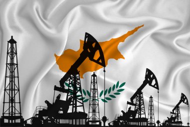 Cythe 'ın Bayrağı Geliştiriliyor. Bayrak arka planında sondaj kulesi ve petrol kulesi silueti. Petrol ve gaz endüstrisi. Petrol alanları, gaz ve petrol şirketleri kavramı. 3B görüntüleme.