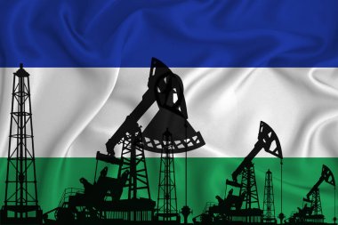 Lesotho 'nun bayrağını geliştiriyorum. Bayrak arka planında sondaj kulesi ve petrol kulesi silueti. Petrol ve gaz endüstrisi. Petrol alanları, gaz ve petrol şirketleri kavramı. 3B görüntüleme.