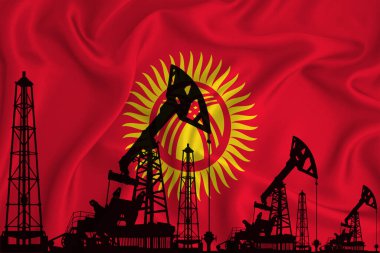 Kırgızistan 'ın Gelişen Bayrağı. Bayrak arka planında sondaj kulesi ve petrol kulesi silueti. Petrol ve gaz endüstrisi. Petrol alanları, gaz ve petrol şirketleri kavramı. 3 boyutlu görüntüleme. Tarihi bayrak