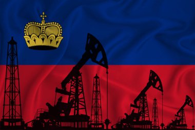 Liechtenstein Bayrağı 'nı geliştiriyorum. Bayrak arka planında sondaj kulesi ve petrol kulesi silueti. Petrol ve gaz endüstrisi. Petrol alanları, gaz ve petrol şirketleri kavramı. 3B görüntüleme.