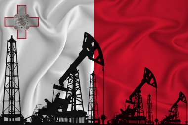 Malta Bayrağı Geliştiriliyor. Bayrak arka planında sondaj kulesi ve petrol kulesi silueti. Petrol ve gaz endüstrisi. Petrol alanları, gaz ve petrol şirketleri kavramı. 3B görüntüleme.