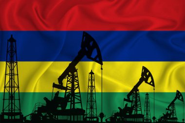 Mauritius 'un Bayrağı. Bayrak arka planında sondaj kulesi ve petrol kulesi silueti. Petrol ve gaz endüstrisi. Petrol alanları, gaz ve petrol şirketleri kavramı. 3B görüntüleme.