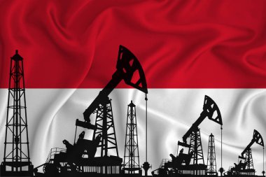 Monako Bayrağı Geliştiriliyor. Bayrak arka planında sondaj kulesi ve petrol kulesi silueti. Petrol ve gaz endüstrisi. Petrol alanları, gaz ve petrol şirketleri kavramı. 3B görüntüleme.