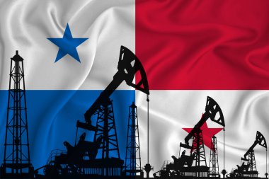 Panama Bayrağı Geliştiriliyor. Bayrak arka planında sondaj kulesi ve petrol kulesi silueti. Petrol ve gaz endüstrisi. Petrol alanları, gaz ve petrol şirketleri kavramı. 3B görüntüleme.