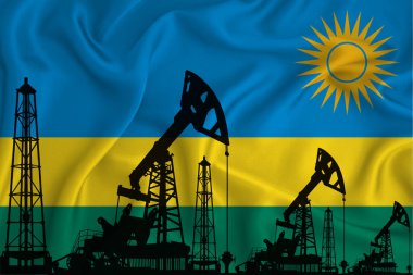 Ruanda Bayrağını Geliştiriyorum. Bayrak arka planında sondaj kulesi ve petrol kulesi silueti. Petrol ve gaz endüstrisi. Petrol alanları, gaz ve petrol şirketleri kavramı. 3B görüntüleme.