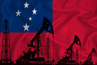 Samoa 'nın Gelişen Bayrağı. Bayrak arka planında sondaj kulesi ve petrol kulesi silueti. Petrol ve gaz endüstrisi. Petrol alanları, gaz ve petrol şirketleri kavramı. 3B görüntüleme.
