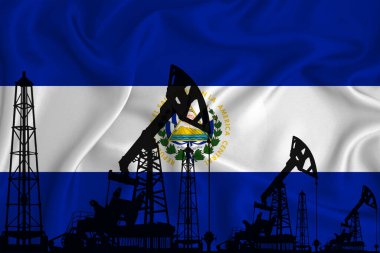 Salvador Bayrağı 'nı geliştiriyorum. Bayrak arka planında sondaj kulesi ve petrol kulesi silueti. Petrol ve gaz endüstrisi. Petrol alanları, gaz ve petrol şirketleri kavramı. 3B görüntüleme.