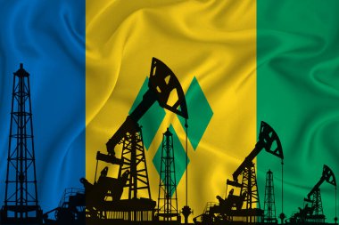 Saint Vincent ve Grenadinler 'in Bayraklarını Geliştiriyorum. Bayrak arka planında sondaj kulesi ve petrol kulesi silueti. Petrol ve gaz endüstrisi. Petrol alanları, gaz ve petrol şirketleri kavramı.