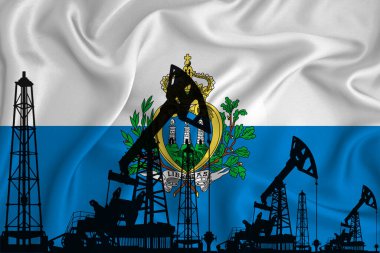 San Marino 'nun Gelişen Bayrağı. Bayrak arka planında sondaj kulesi ve petrol kulesi silueti. Petrol ve gaz endüstrisi. Petrol alanları, gaz ve petrol şirketleri kavramı. 3B görüntüleme.
