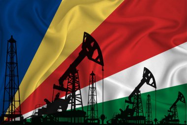 Seyşeller Bayrağı 'nı geliştiriyorum. Bayrak arka planında sondaj kulesi ve petrol kulesi silueti. Petrol ve gaz endüstrisi. Petrol alanları, gaz ve petrol şirketleri kavramı. 3B görüntüleme.