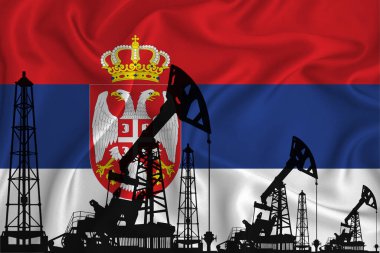 Sırbistan Bayrağı Geliştiriliyor. Bayrak arka planında sondaj kulesi ve petrol kulesi silueti. Petrol ve gaz endüstrisi. Petrol alanları, gaz ve petrol şirketleri kavramı. 3B görüntüleme.