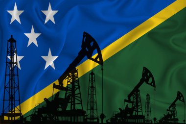 Solomon Adaları 'nın Gelişen Bayrağı. Bayrak arka planında sondaj kulesi ve petrol kulesi silueti. Petrol ve gaz endüstrisi. Petrol alanları, gaz ve petrol şirketleri kavramı. 3B görüntüleme.