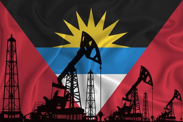Desarrollando Bandera Antigua Barbuda Silueta Plataformas Perforación Plataformas Petrolíferas Sobre — Foto de Stock