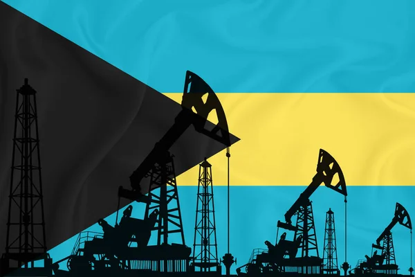 发展巴哈马国旗 在国旗背景上的钻机和石油钻机的轮廓 石油和天然气工业 天然气和石油公司的概念 3D渲染 — 图库照片