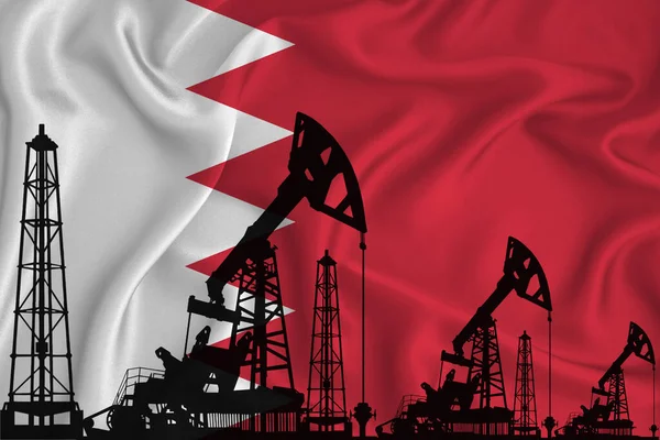 Αναπτύσσοντας Σημαία Του Μπαχρέιν Σιλουέτα Γεωτρήσεις Και Εξέδρες Πετρελαίου Φόντο — Φωτογραφία Αρχείου