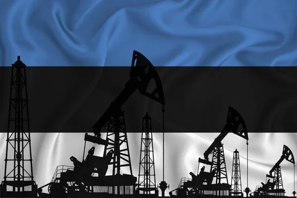 开发雌激素旗 在国旗背景上的钻机和石油钻机的轮廓 石油和天然气工业 天然气和石油公司的概念 3D渲染 — 图库照片