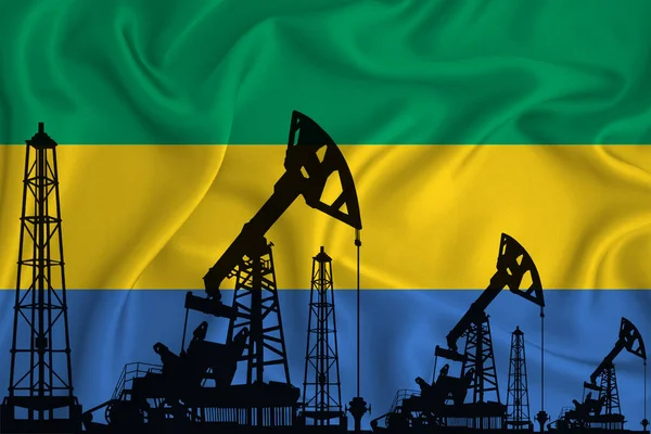 Bandeira Desenvolvimento Gabão Silhueta Plataformas Perfuração Plataformas Petróleo Fundo Bandeira — Fotografia de Stock