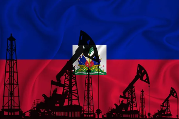 Desarrollando Bandera Haiti Silueta Plataformas Perforación Plataformas Petrolíferas Sobre Fondo — Foto de Stock