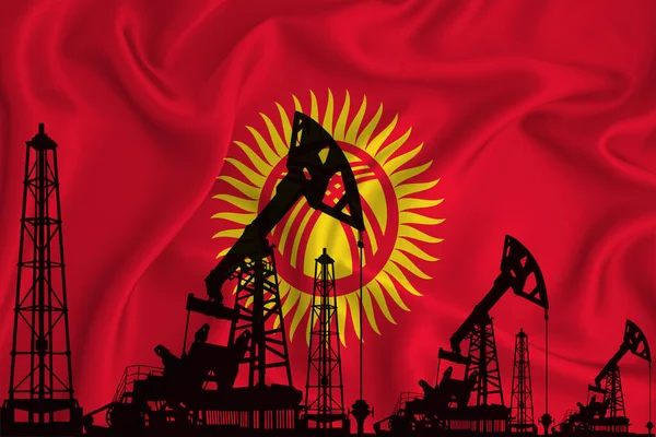 发展吉尔吉斯斯坦国旗 在国旗背景上的钻机和石油钻机的轮廓 石油和天然气工业 天然气和石油公司的概念 3D渲染 — 图库照片