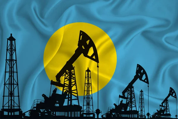 Palau Bayrağı Geliştiriliyor Bayrak Arka Planında Sondaj Kulesi Petrol Kulesi — Stok fotoğraf