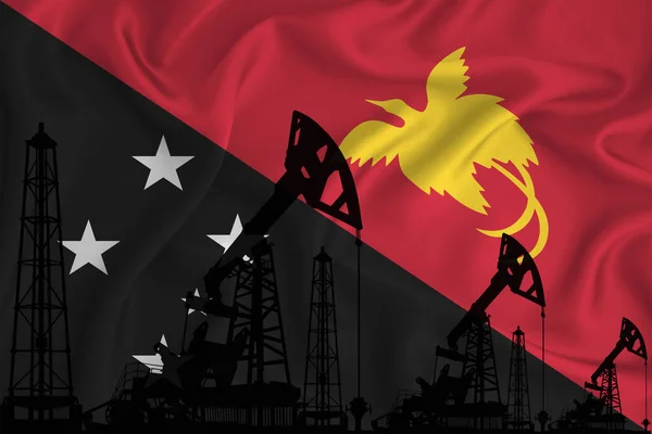 Papua Yeni Gine Nin Bayrağı Bayrak Arka Planında Sondaj Kulesi — Stok fotoğraf