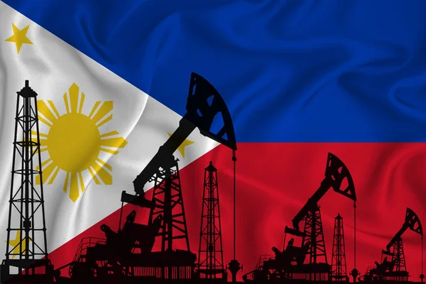 フィリピンの国旗を制定 旗の背景に掘削リグやオイルリグのシルエット ガス産業 石油会社の概念 3Dレンダリング — ストック写真