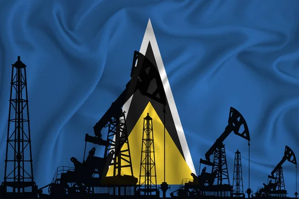 发展圣卢西亚国旗 在国旗背景上的钻机和石油钻机的轮廓 石油和天然气工业 天然气和石油公司的概念 3D渲染 — 图库照片