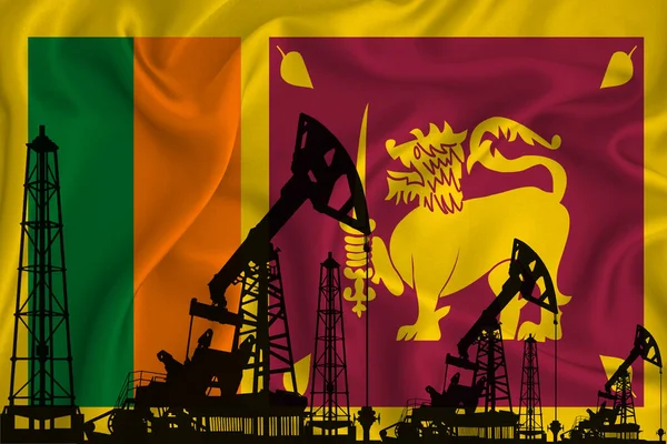 Developing Flag of Sri Lanka. Silhouette of drilling rigs and oil rigs on a flag background. Oil and gas industry. The concept of oil fields and gas and oil companies. 3D rendering.