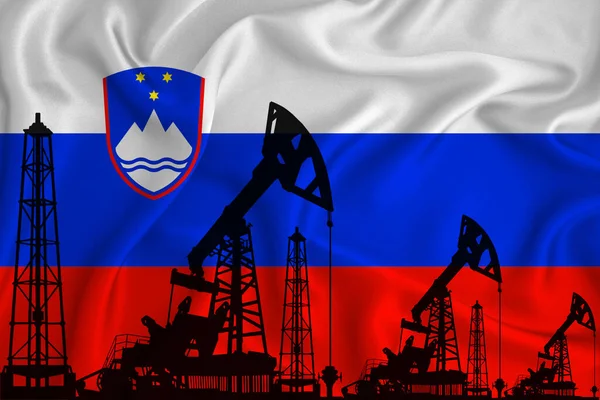 スロベニアの国旗を開発する 旗の背景に掘削リグやオイルリグのシルエット ガス産業 石油会社の概念 3Dレンダリング — ストック写真