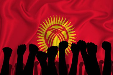 Kırgızistan bayrağının arka planında kaldırılmış kolların silueti ve sıkılmış yumruklar. Güç kavramı, çatışma. Mesajın için de yer var. 3B görüntüleme