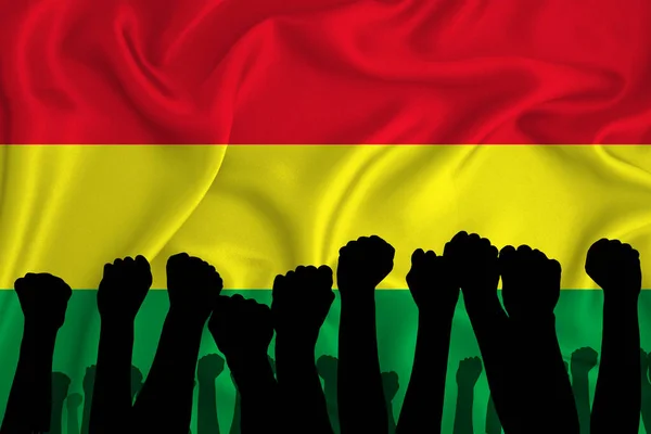 Sziluett Felemelt Karok Ökölbe Szorított Öklök Háttérben Zászló Bolívia Hatalom — Stock Fotó