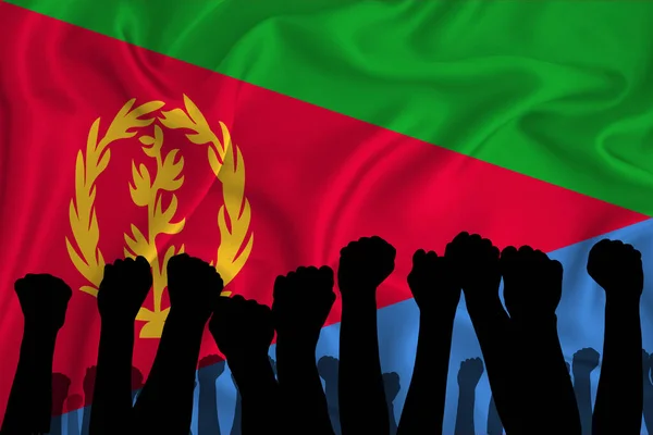 Silhouette of raised arms and clenched fists on the background of the flag of Eritrea. The concept of power,  conflict. With place for your text. 3D rendering