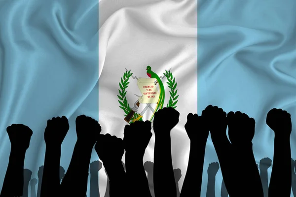 Silhouette of raised arms and clenched fists on the background of the flag of Guatemala. The concept of power,  conflict. With place for your text. 3D rendering