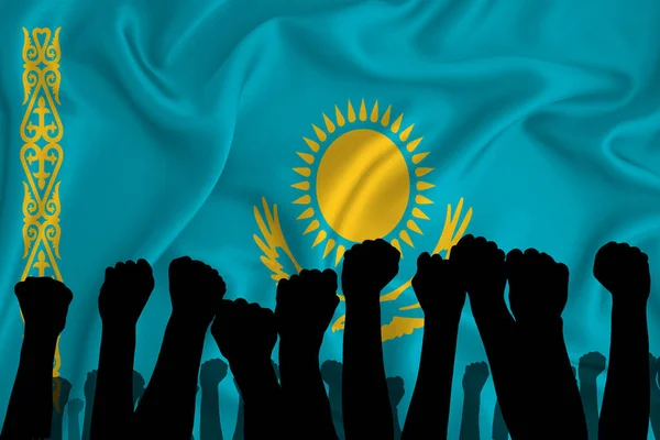 Silueta Zvednutých Paží Zaťatých Pěstí Pozadí Kazašské Vlajky Koncept Moci — Stock fotografie