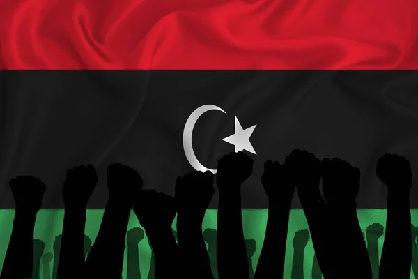Silhuett Upphöjda Armar Och Knytnävar Bakgrunden Libyens Flagga Begreppet Makt — Stockfoto