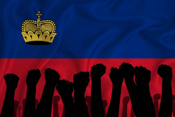 Silueta Brazos Levantados Puños Apretados Fondo Bandera Liechtenstein Concepto Poder — Foto de Stock