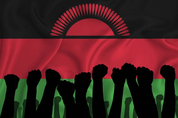 Silhuett Upphöjda Armar Och Knytnävar Bakgrunden Flaggan Malawi Begreppet Makt — Stockfoto