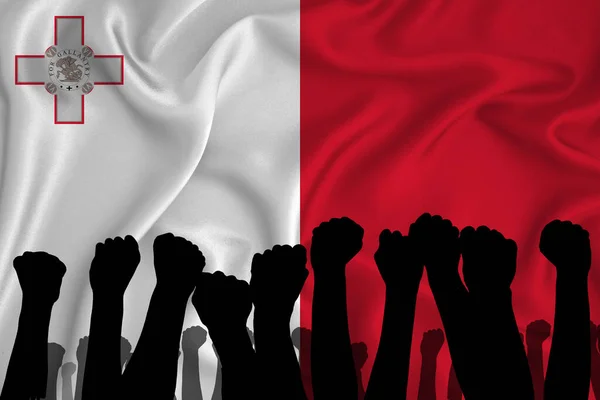 Silhouette of raised arms and clenched fists on the background of the flag of Malta. The concept of power,  conflict. With place for your text. 3D rendering