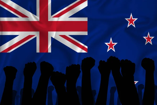 Silhouette of raised arms and clenched fists on the background of the flag of New Zealand. The concept of power,  conflict. With place for your text. 3D rendering
