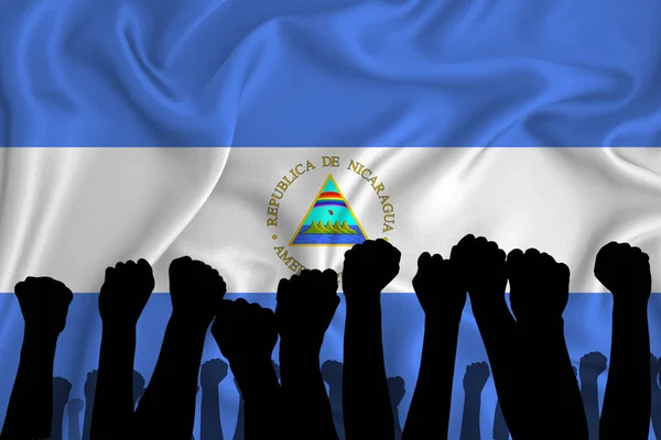 在尼加拉瓜国旗的背景上 高举的胳膊和紧握拳头的轮廓 权力的概念 和你的文字的位置 3D渲染 — 图库照片