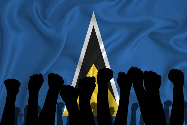 Silhouette of raised arms and clenched fists on the background of the flag of Saint Lucia. The concept of power,  conflict. With place for your text. 3D rendering