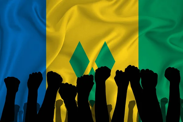 Silhouette Raised Arms Clenched Fists Background Flag Saint Vincent Grenadines — Stock Photo, Image