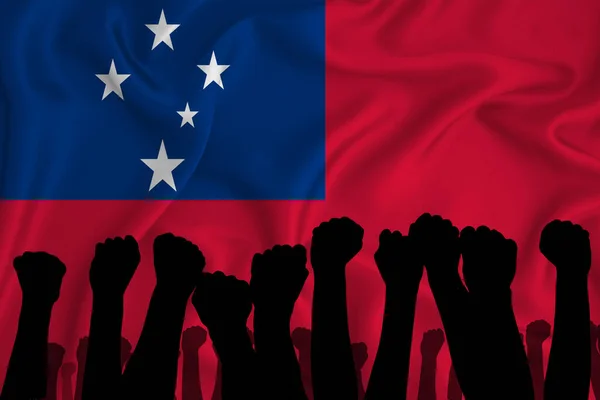 Silhouette of raised arms and clenched fists on the background of the flag of Samoa. The concept of power,  conflict. With place for your text. 3D rendering