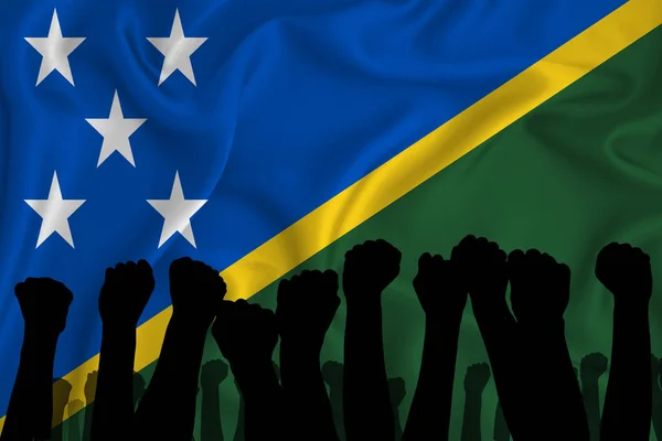 Silhouette Raised Arms Clenched Fists Background Flag Solomon Islands Concept — Stock Photo, Image