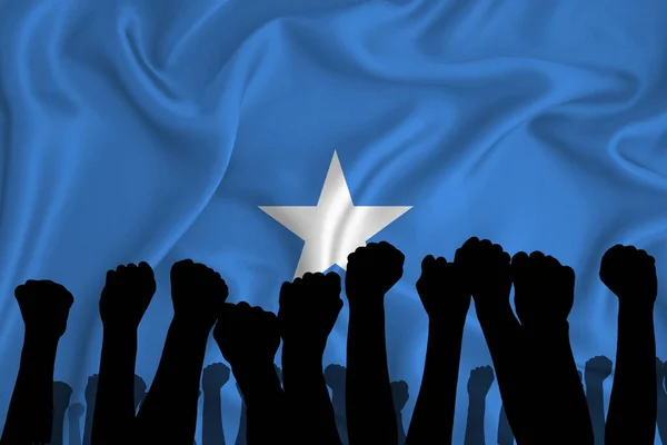 Silhouette of raised arms and clenched fists on the background of the flag of somalia. The concept of power,  conflict. With place for your text. 3D rendering
